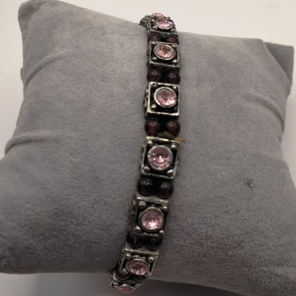 Pink Silver Beaded Bracelet Rhinestone Stretch 7 inch Valentine - Picture 2 of 4